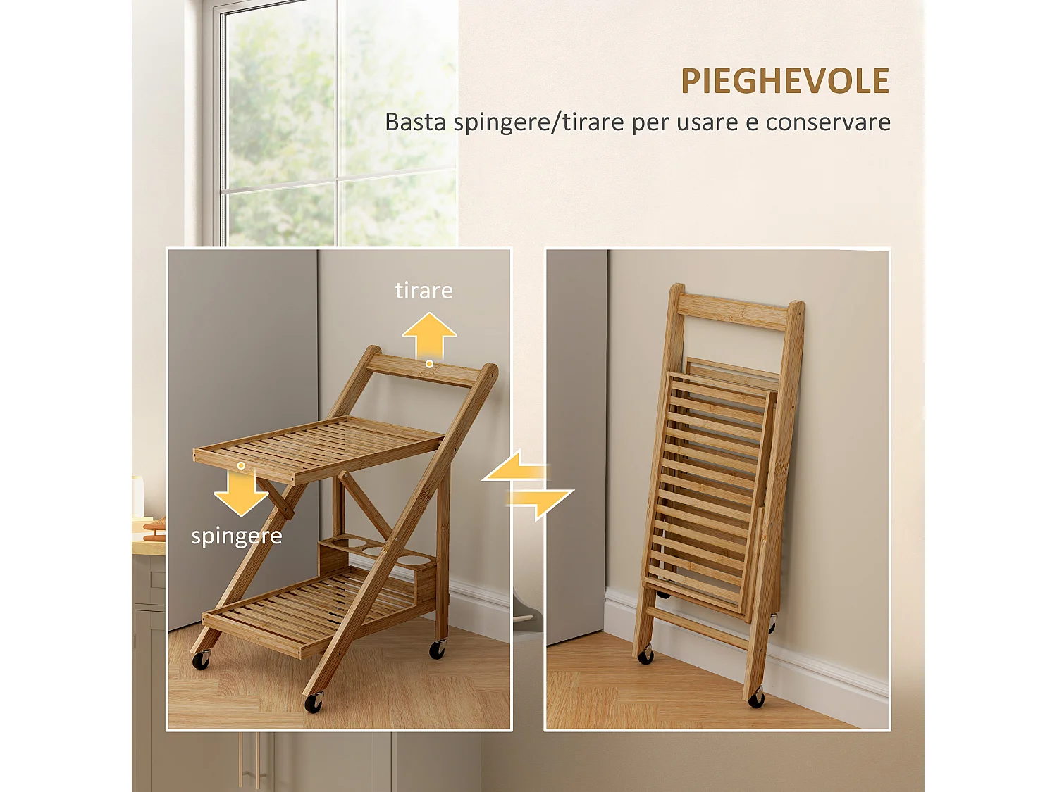 Carrello da cucina a 2 livelli pieghevole con ruote