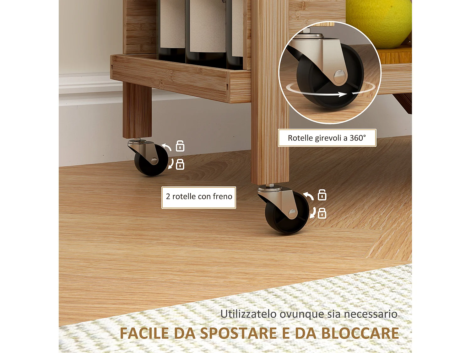 Carrello da cucina a 2 livelli pieghevole con ruote