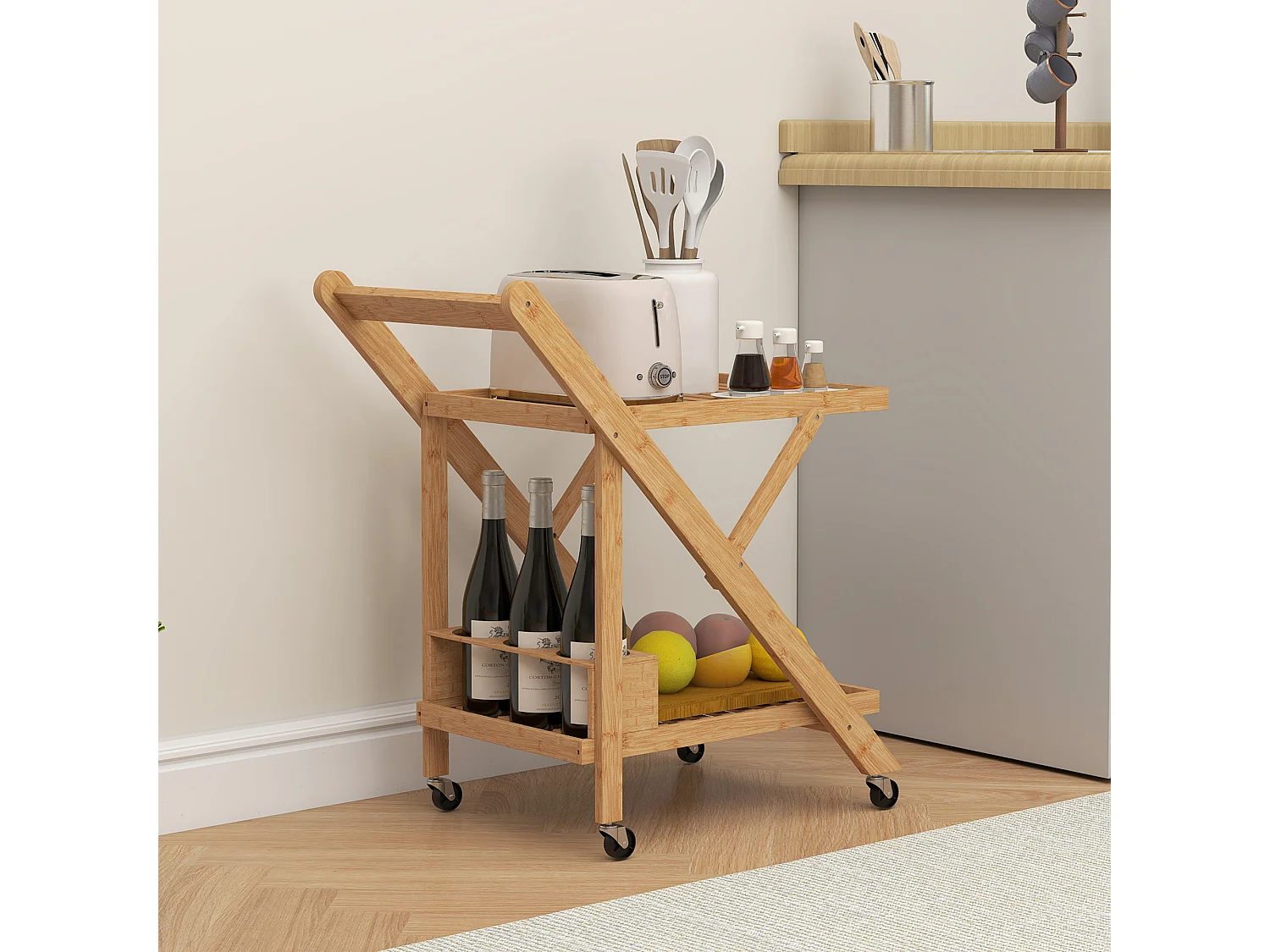 Carrello da cucina a 2 livelli pieghevole con ruote