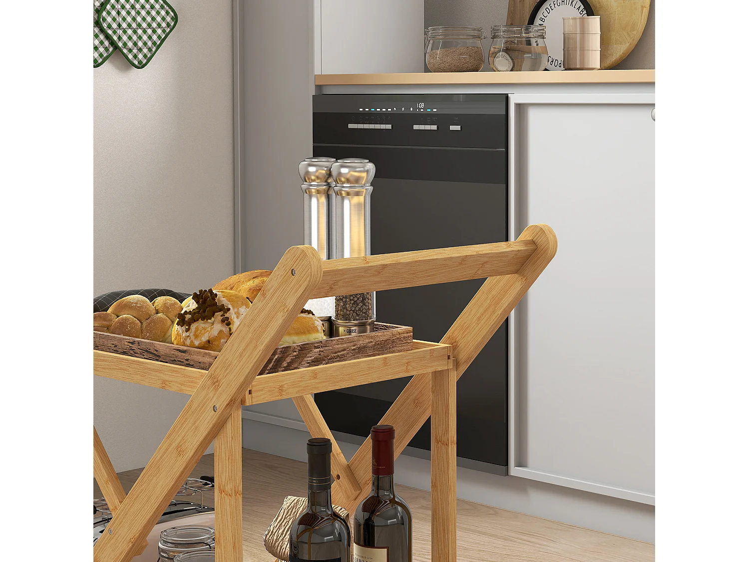 Carrello da cucina a 2 livelli pieghevole con ruote