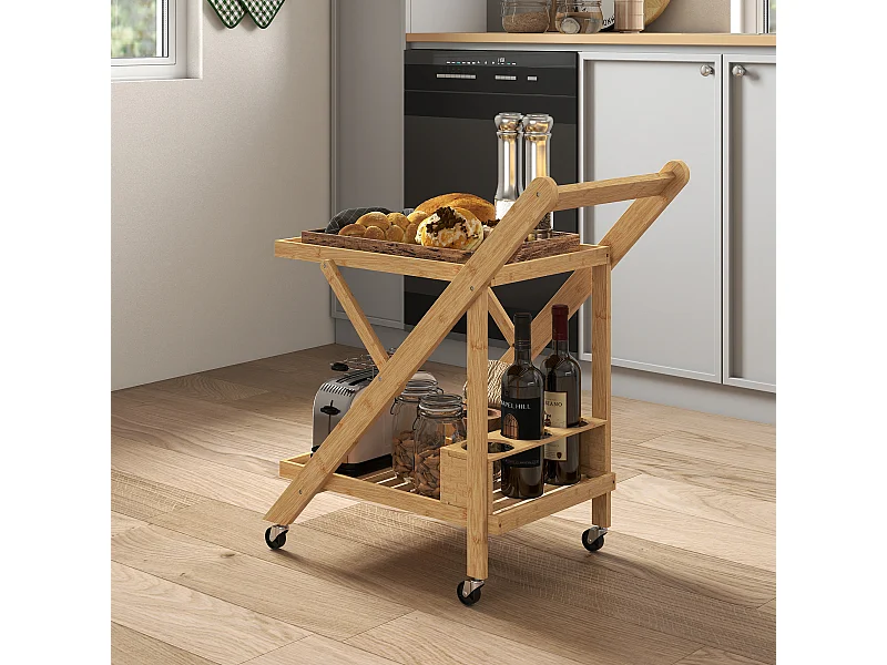 Carrello da cucina a 2 livelli pieghevole con ruote