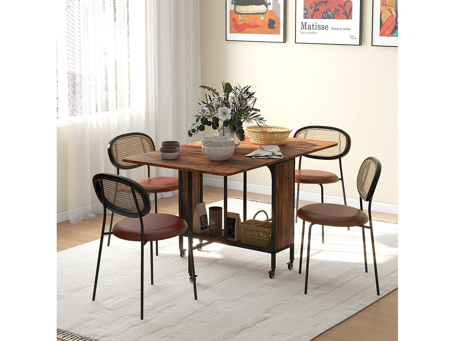 Tavolo pieghevole stile industriale con 6 ruote marrone rustico