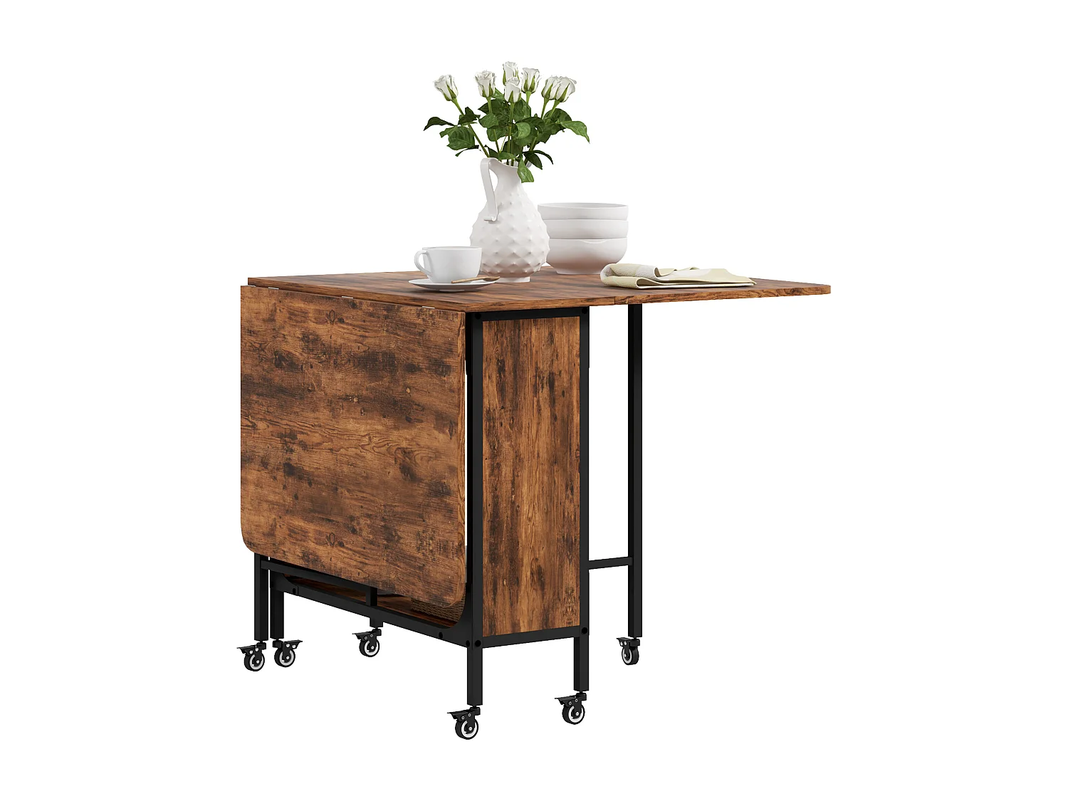 Tavolo pieghevole stile industriale con 6 ruote marrone rustico