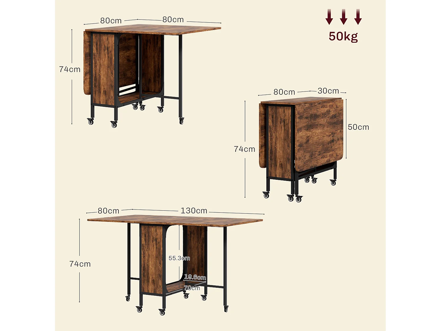 Tavolo pieghevole stile industriale con 6 ruote marrone rustico