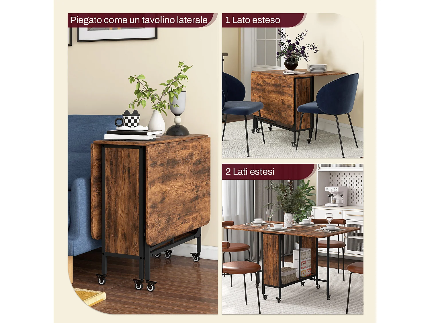 Tavolo pieghevole stile industriale con 6 ruote marrone rustico