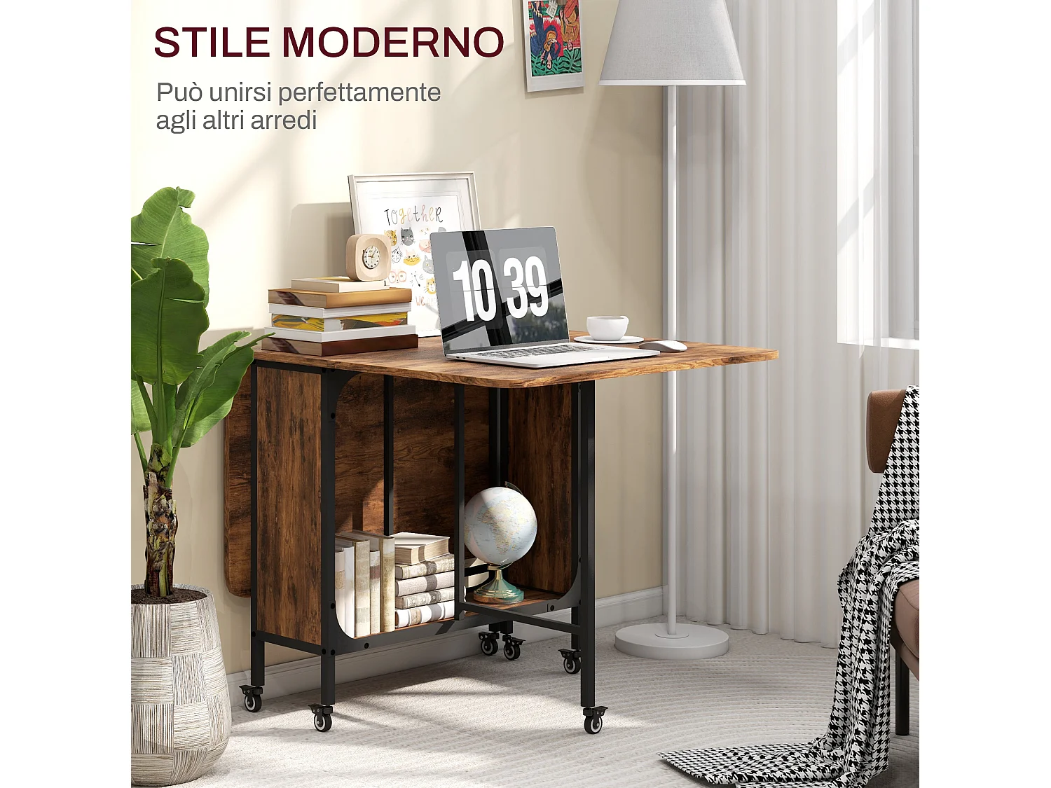 Tavolo pieghevole stile industriale con 6 ruote marrone rustico