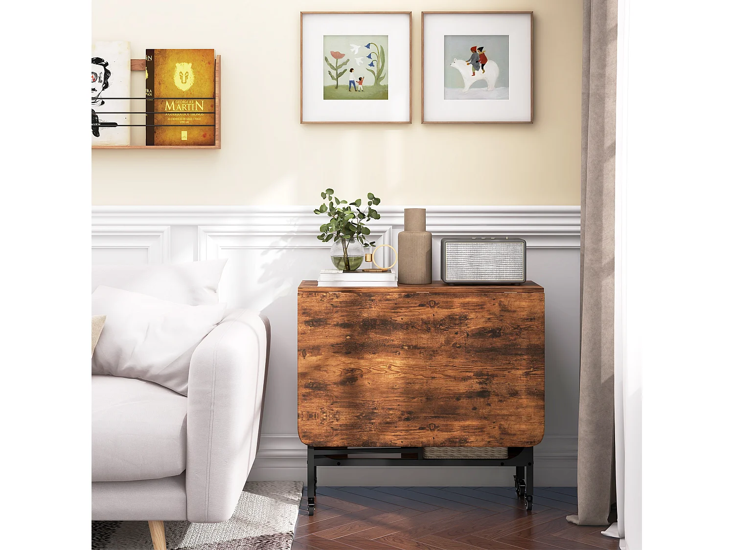 Tavolo pieghevole stile industriale con 6 ruote marrone rustico