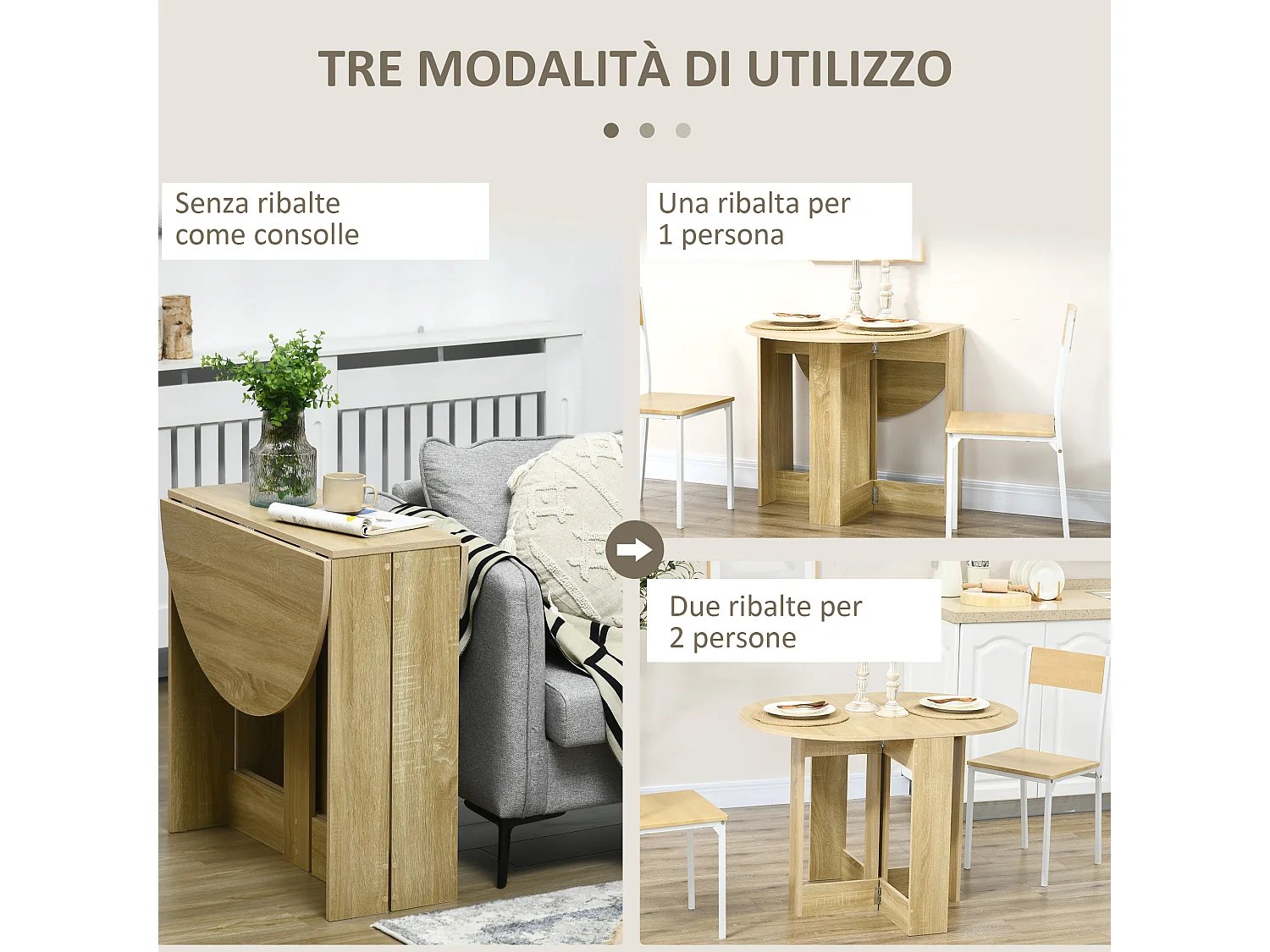 Tavolo pieghevole da pranzo a 2 ribalte in legno colore rovere