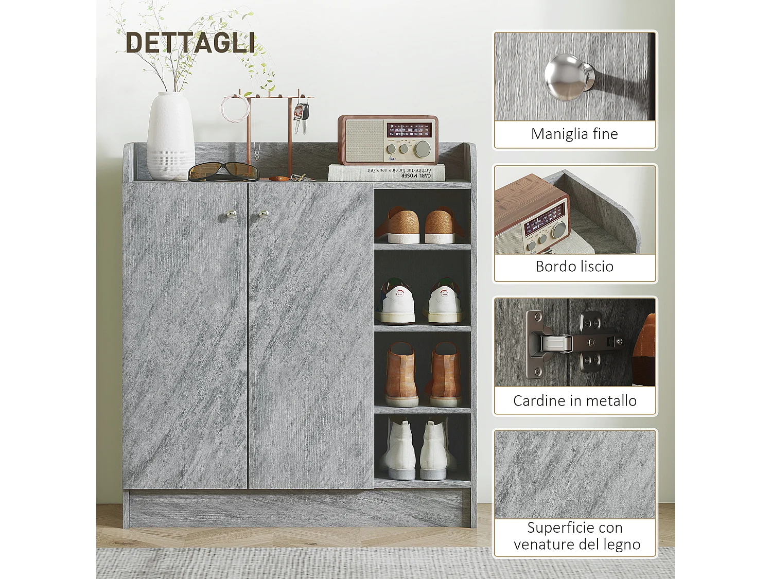 Scarpiera ingresso con 4 ripiani aperti, scarpiera armadio multiuso