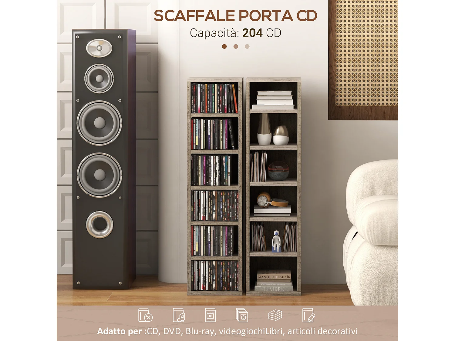 Set 2 scaffali porta cd con mensole regolabili grigio effetto legno