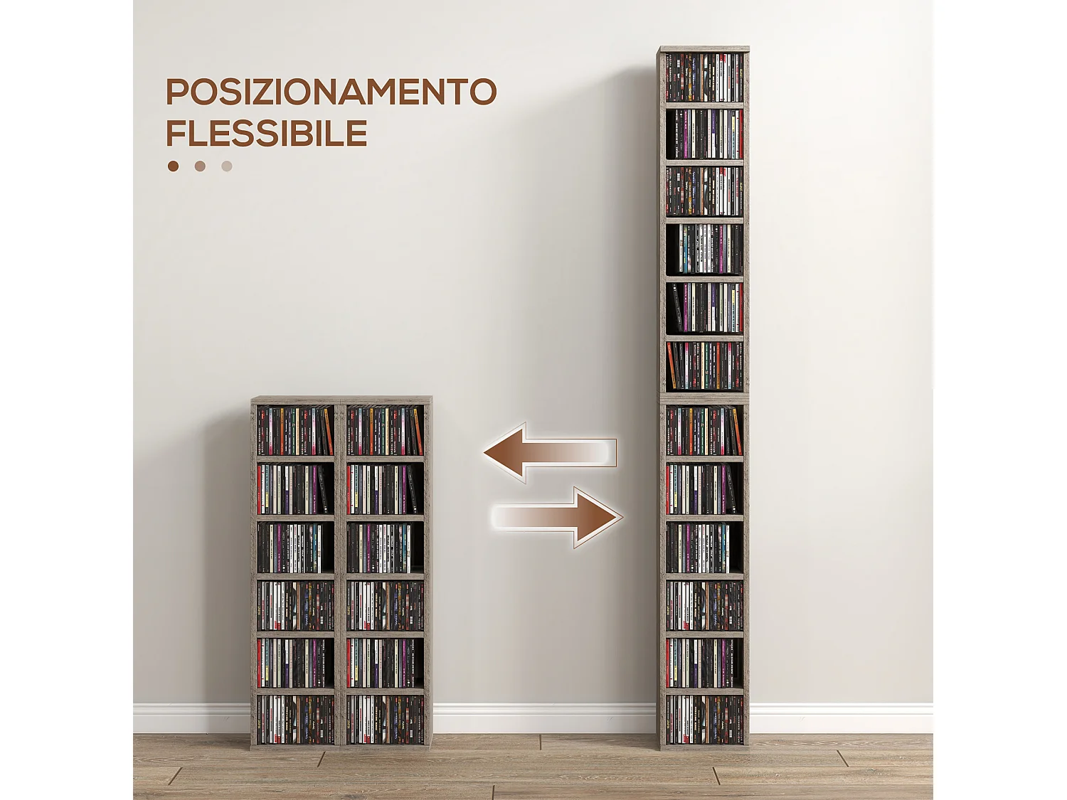 Set 2 scaffali porta cd con mensole regolabili grigio effetto legno