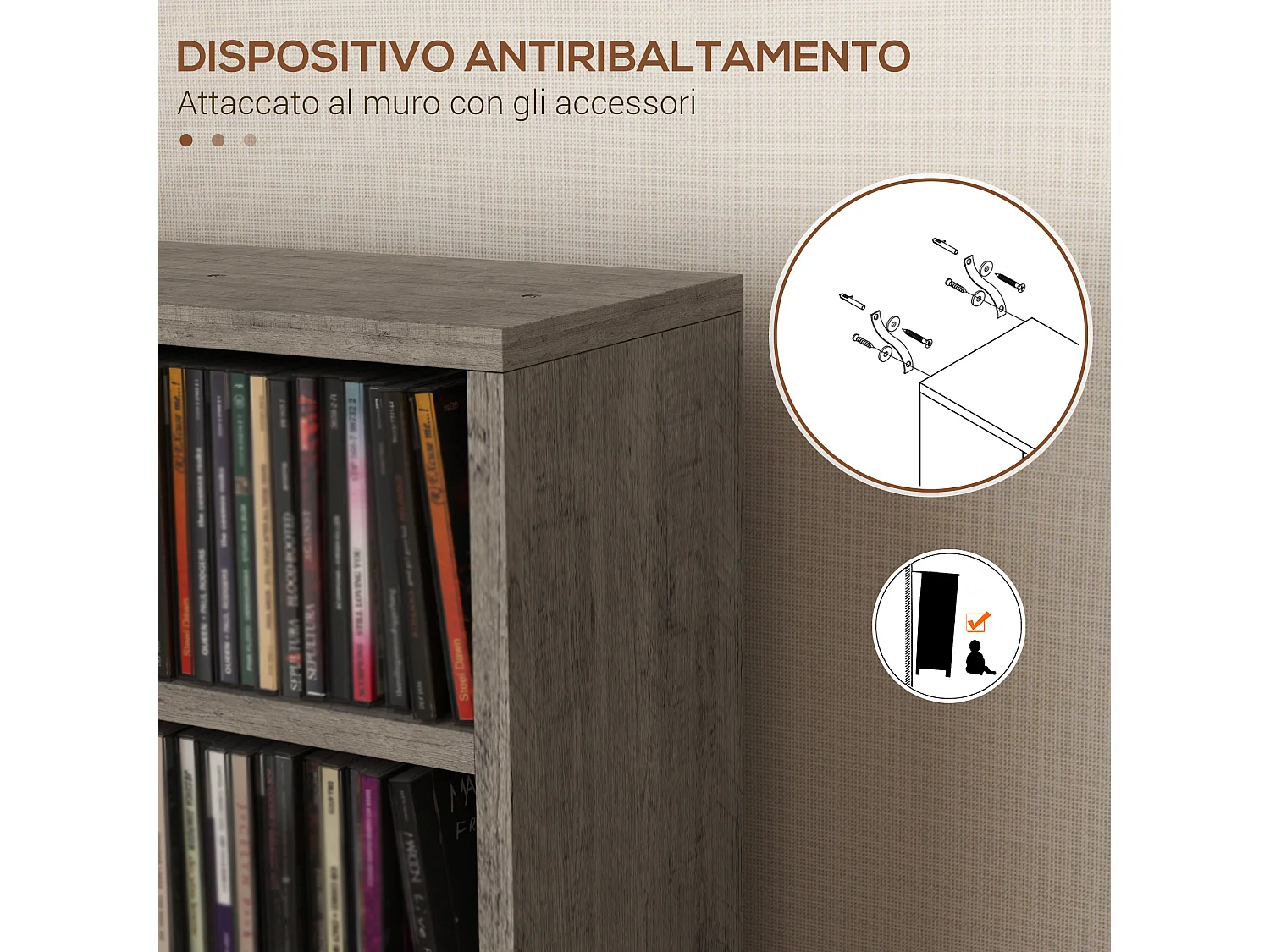 Set 2 scaffali porta cd con mensole regolabili grigio effetto legno