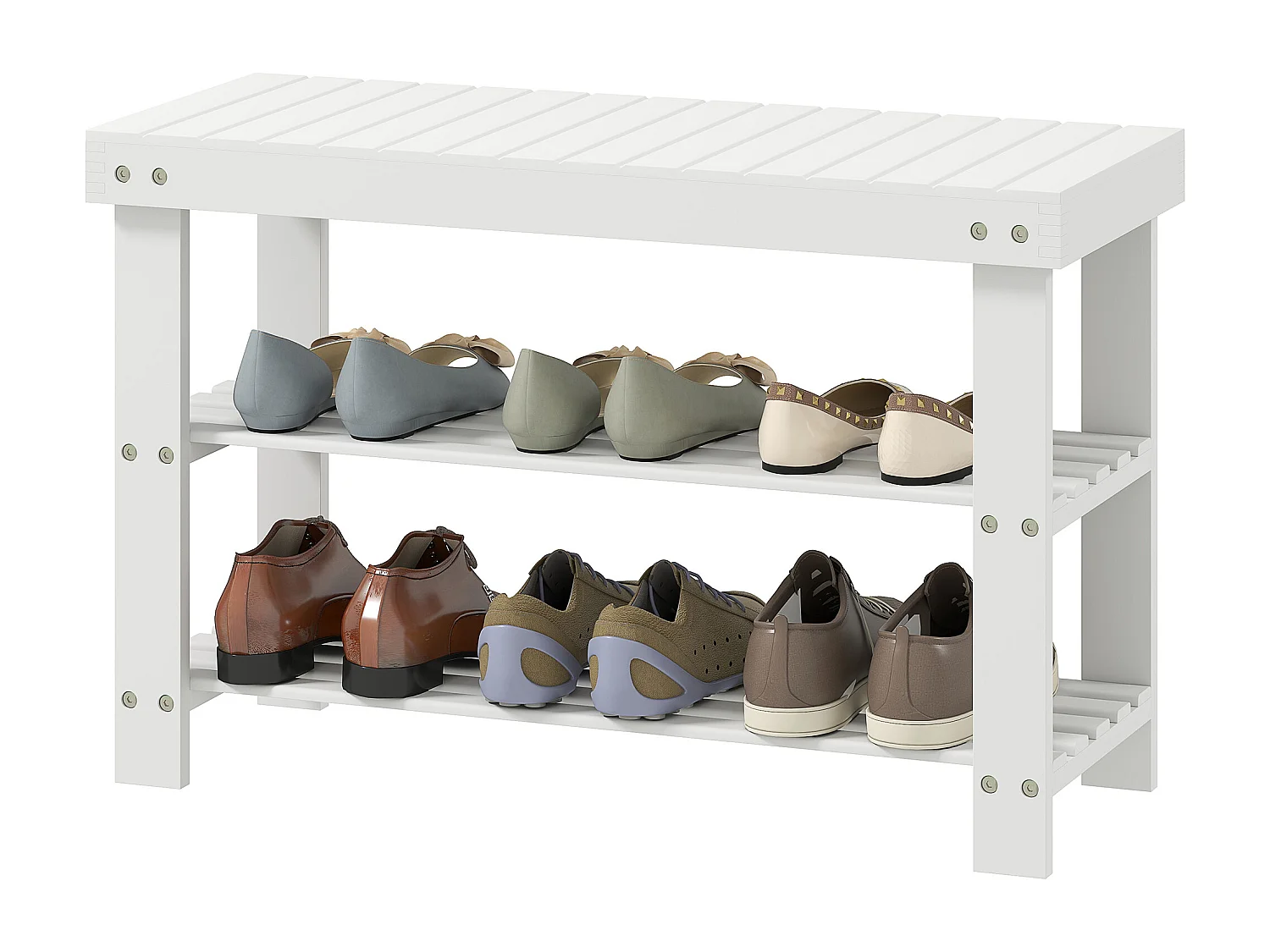 Panca scarpiera bassa con 2 ripiani a doghe in bambù bianco