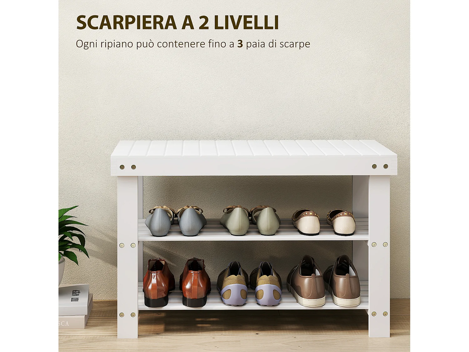 Panca scarpiera bassa con 2 ripiani a doghe in bambù bianco