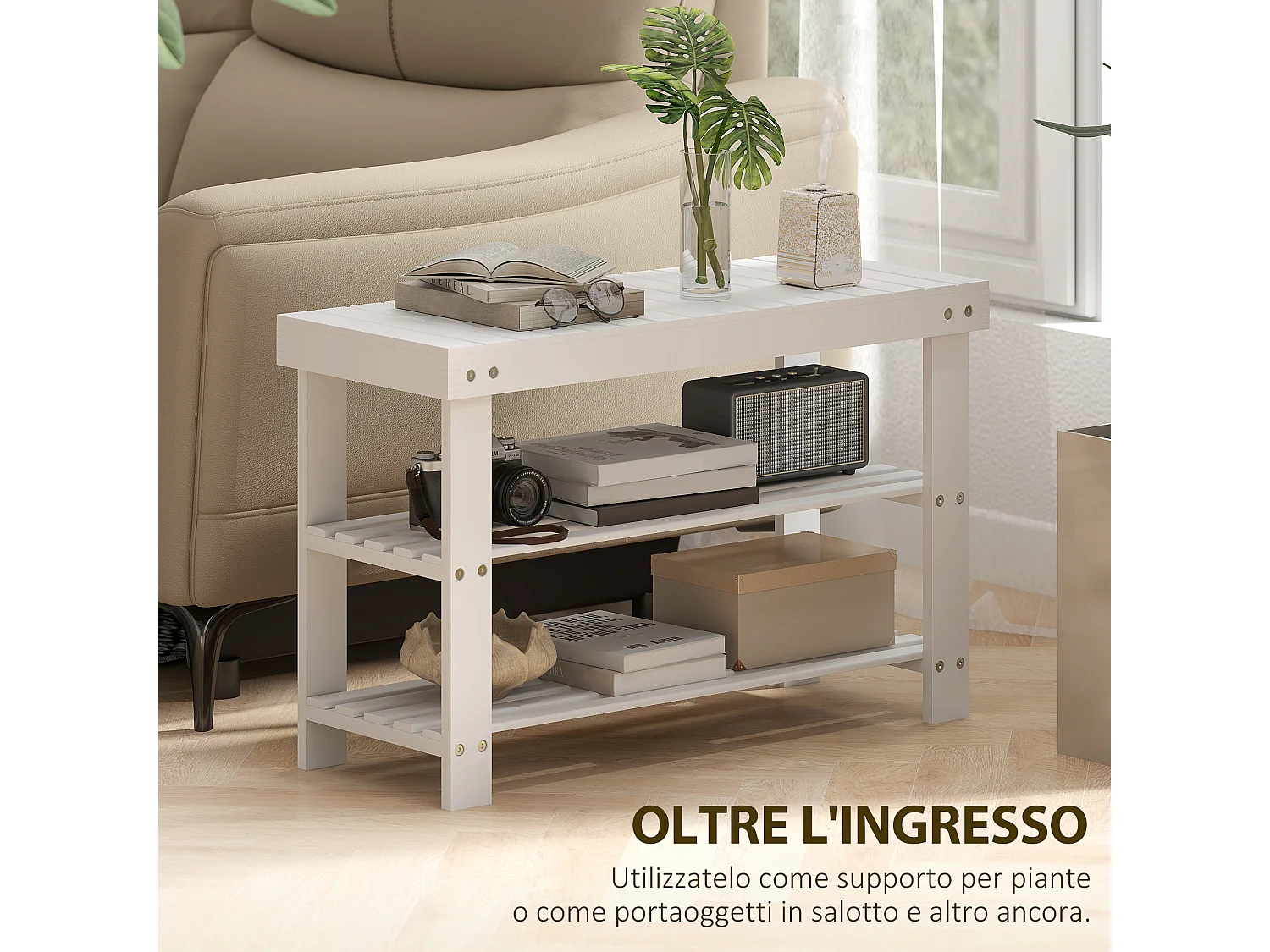 Panca scarpiera bassa con 2 ripiani a doghe in bambù bianco