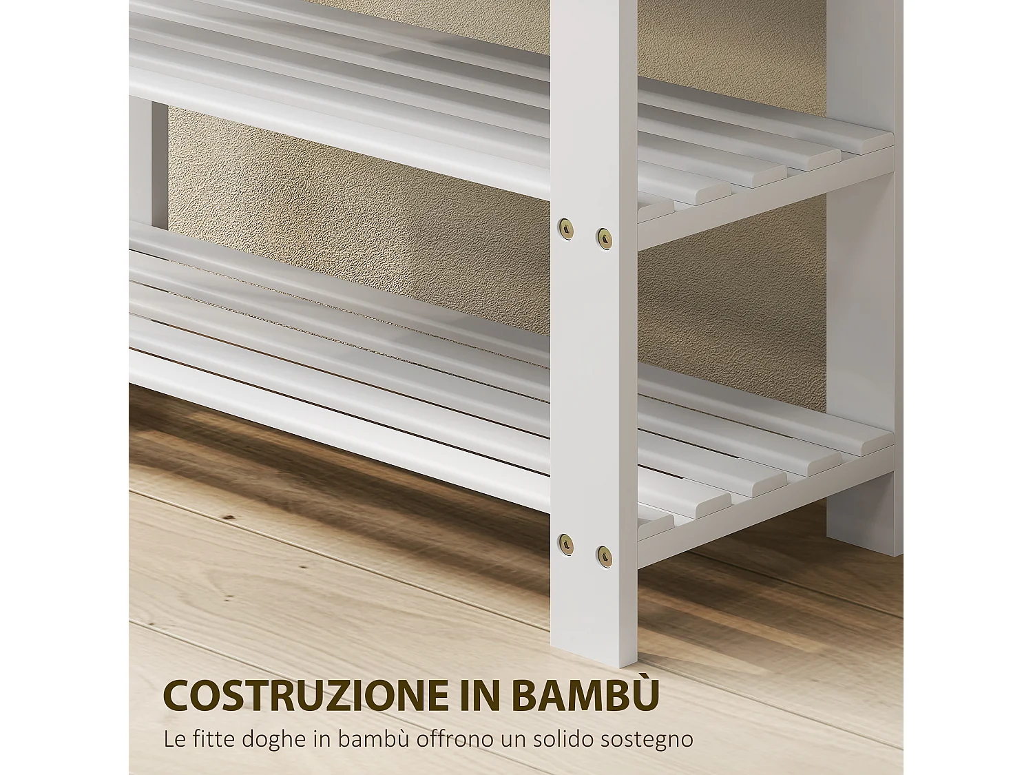 Panca scarpiera bassa con 2 ripiani a doghe in bambù bianco