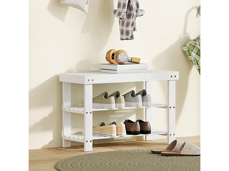 Panca scarpiera bassa con 2 ripiani a doghe in bambù bianco