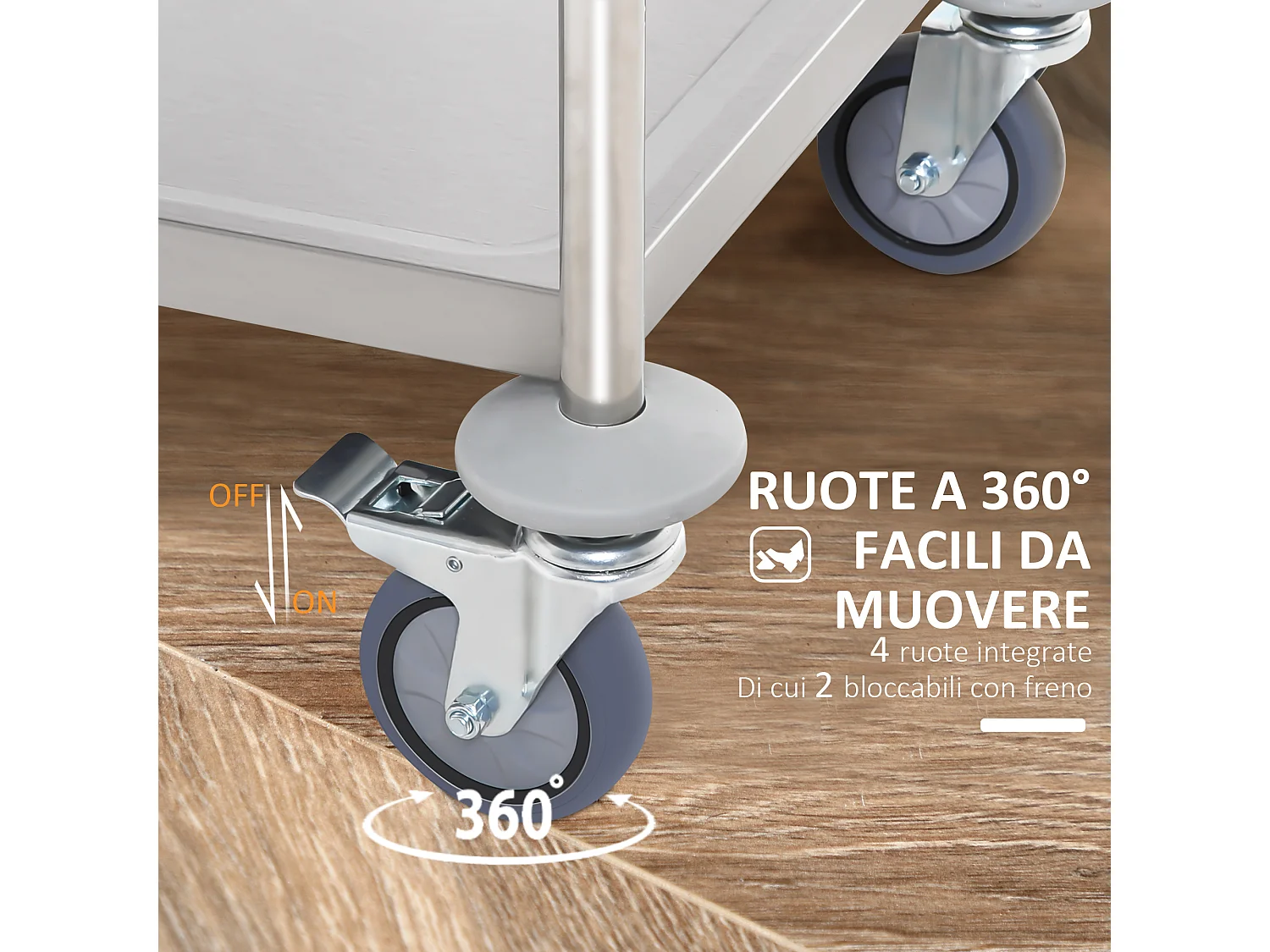 Carrello da cucina 2 ripiani con ruote in acciaio inox argento