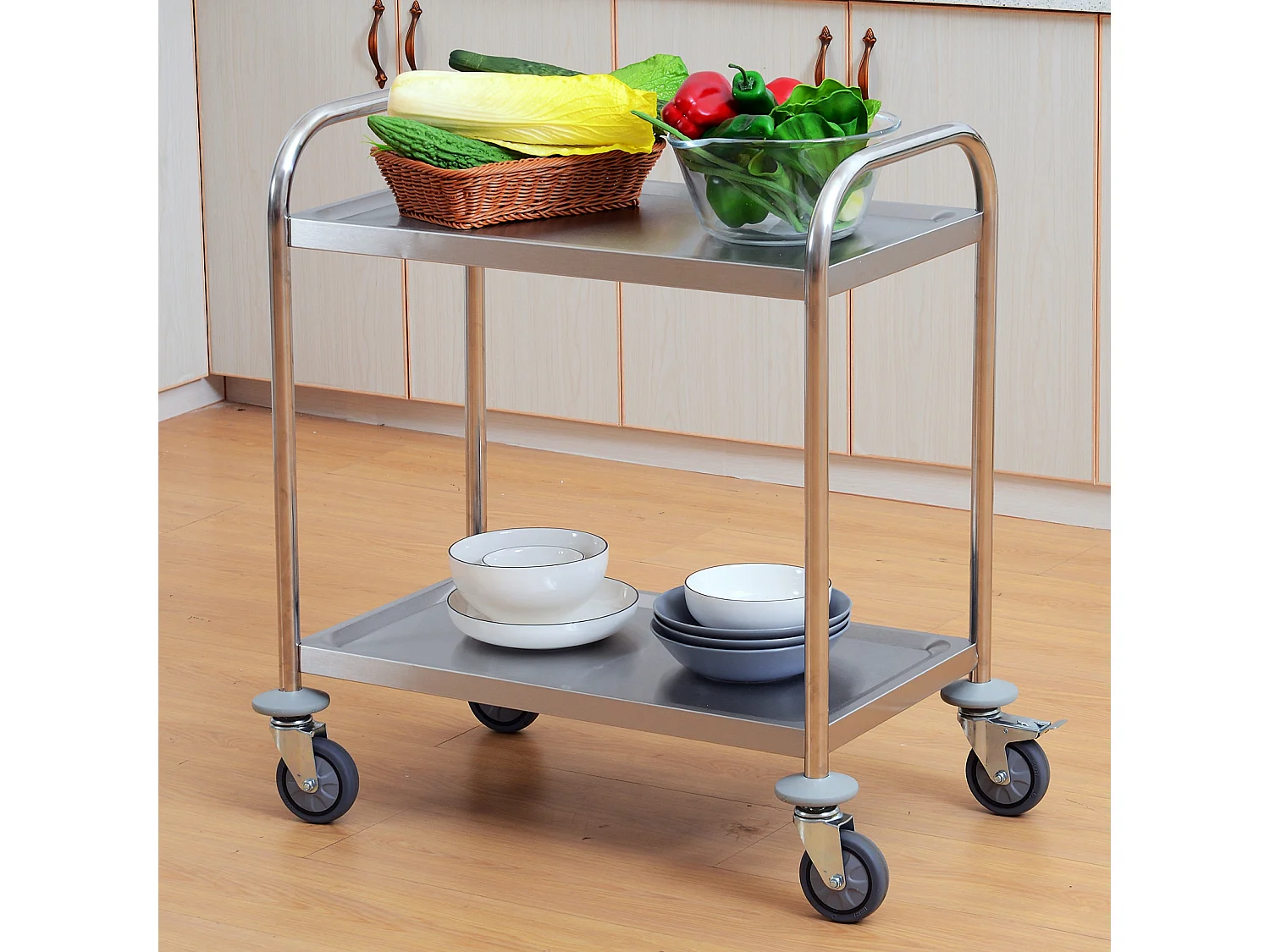 Carrello da cucina 2 ripiani con ruote in acciaio inox argento