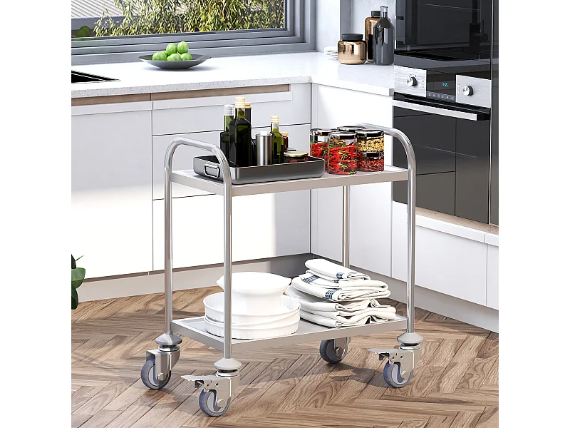Carrello da cucina 2 ripiani con ruote in acciaio inox argento