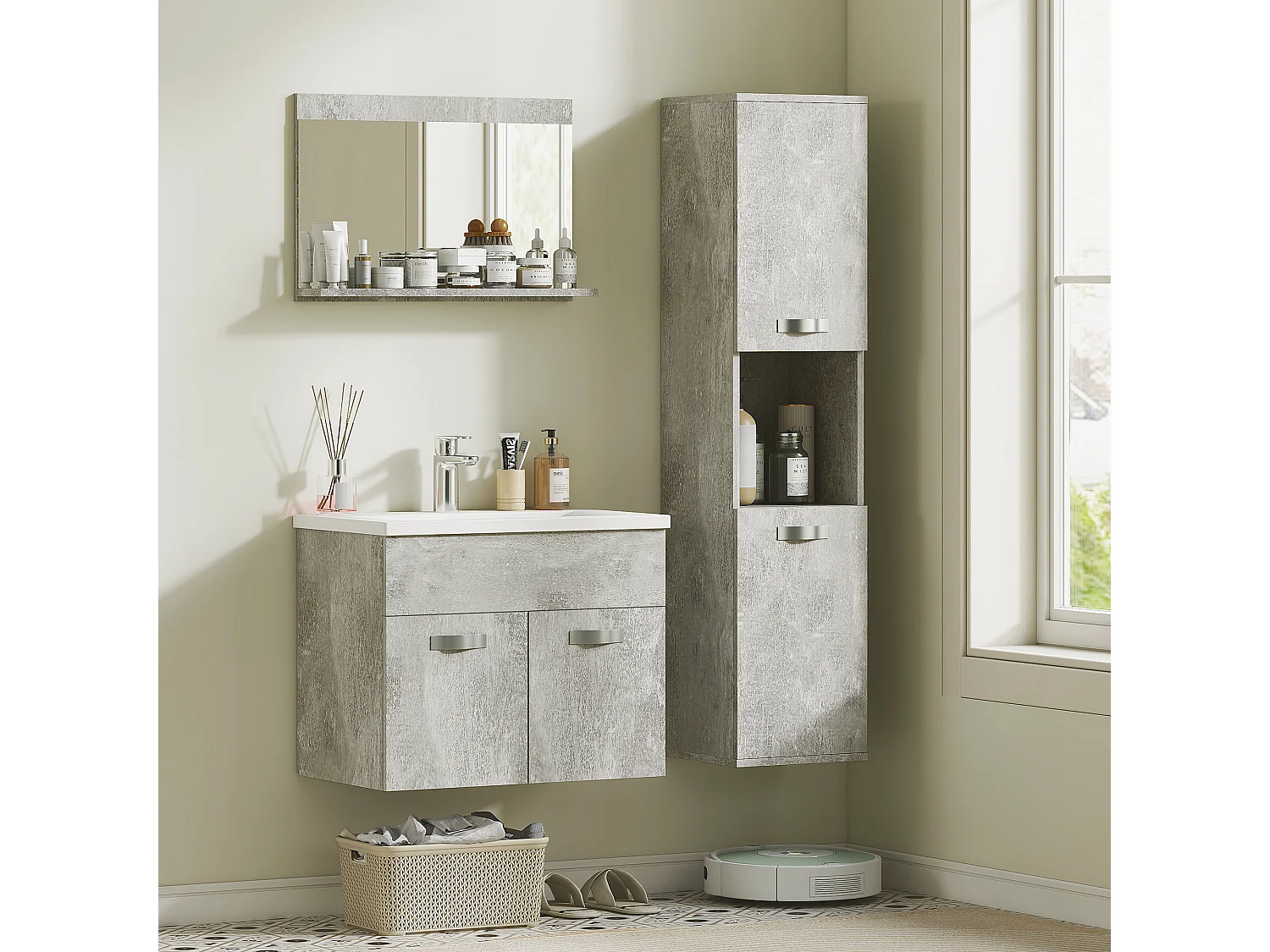 Set bagno con lavabo mobiletto colonna bagno e specchiera