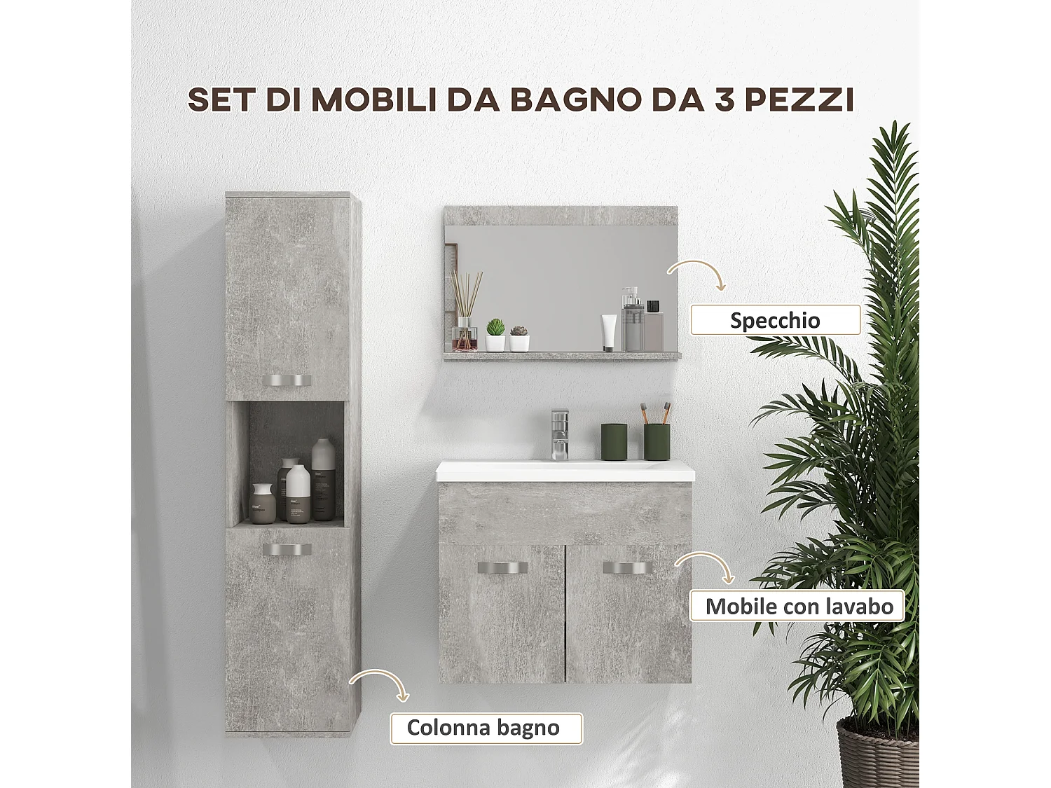 Set bagno con lavabo mobiletto colonna bagno e specchiera