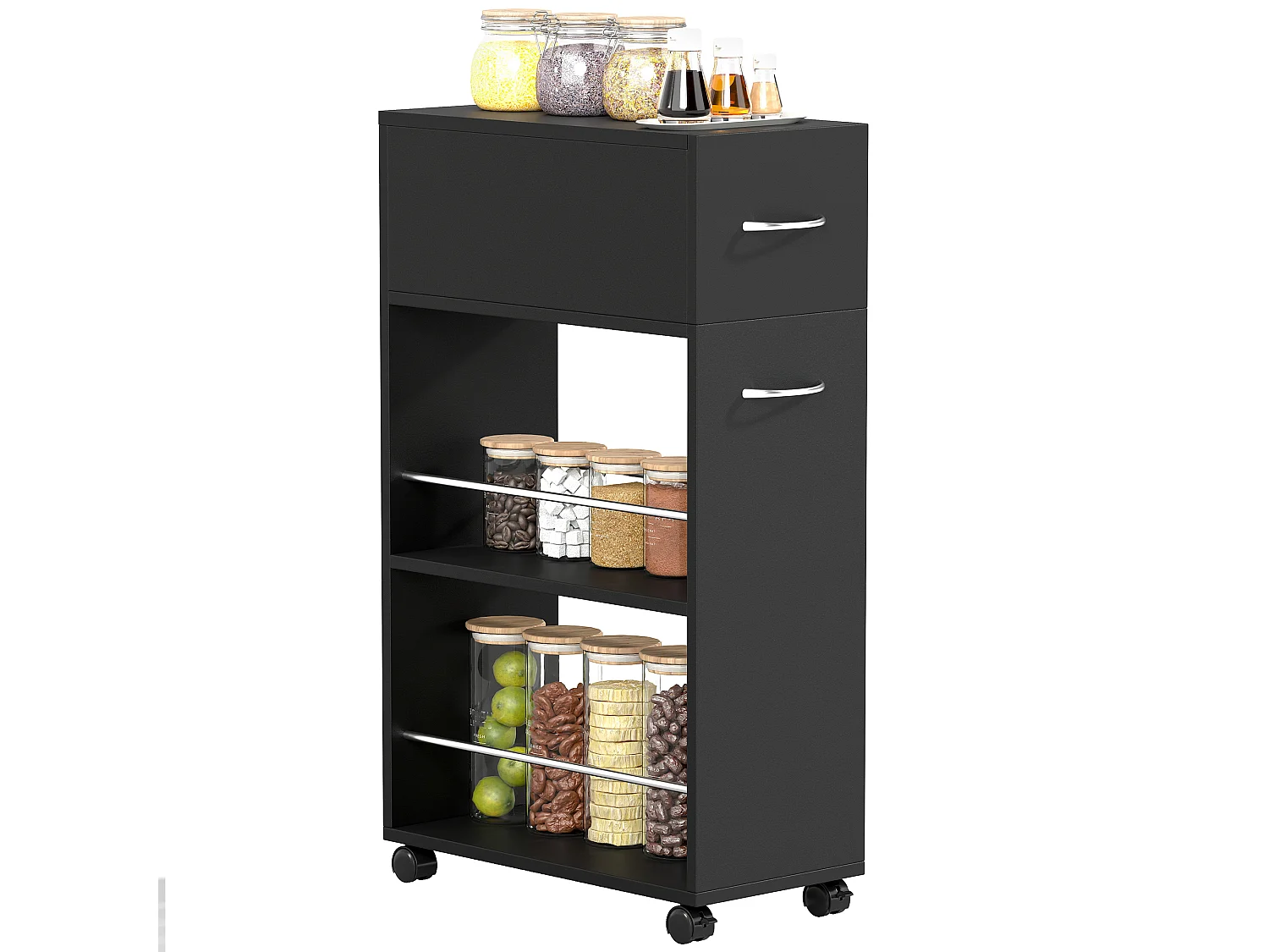 Carrello da cucina con 2 ripiani aperti, cassetto parapetti e ruote a freno