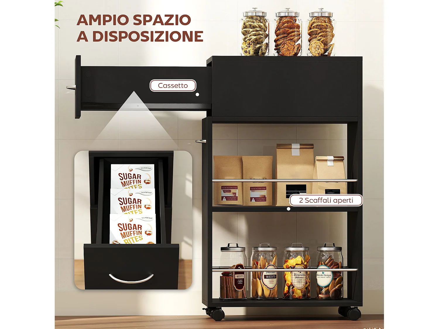 Carrello da cucina con 2 ripiani aperti, cassetto parapetti e ruote a freno