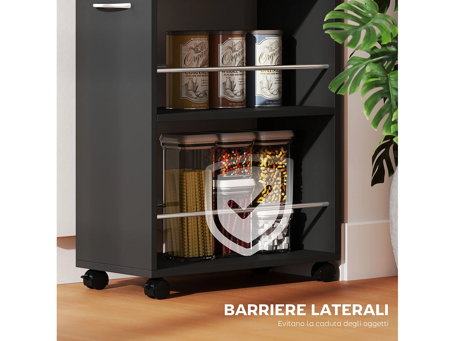 Carrello da cucina con 2 ripiani aperti, cassetto parapetti e ruote a freno