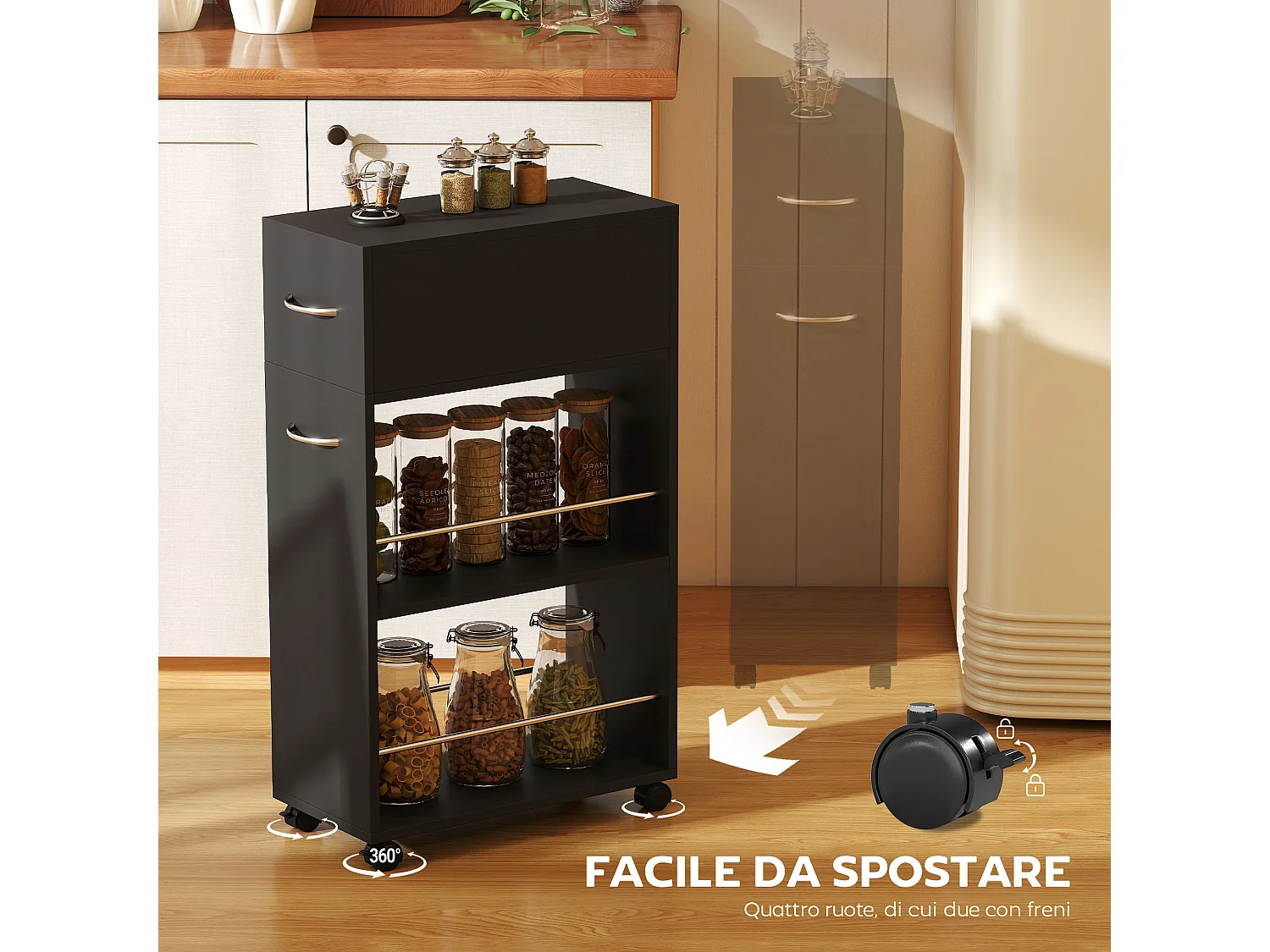 Carrello da cucina con 2 ripiani aperti, cassetto parapetti e ruote a freno