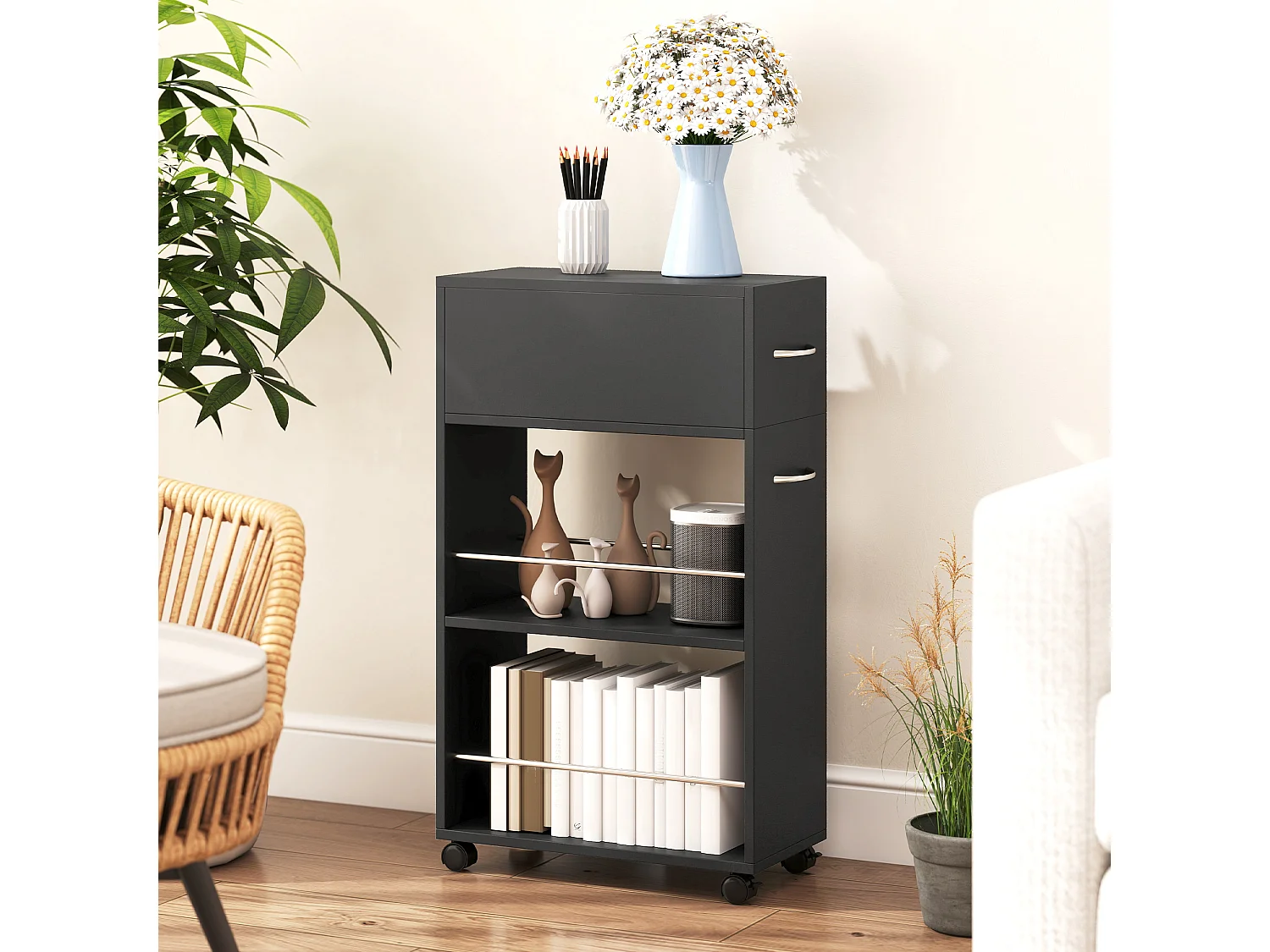 Carrello da cucina con 2 ripiani aperti, cassetto parapetti e ruote a freno