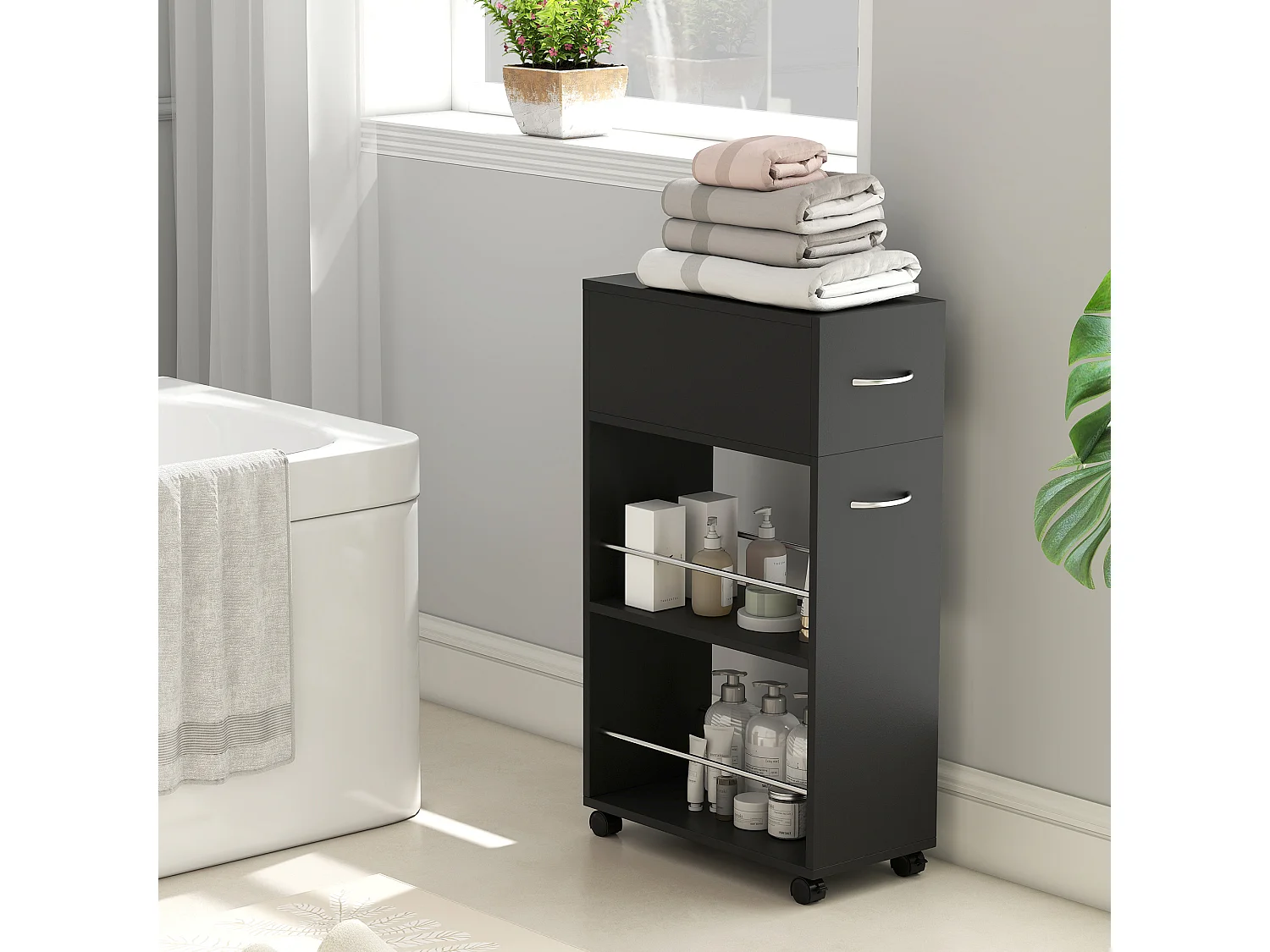 Carrello da cucina con 2 ripiani aperti, cassetto parapetti e ruote a freno