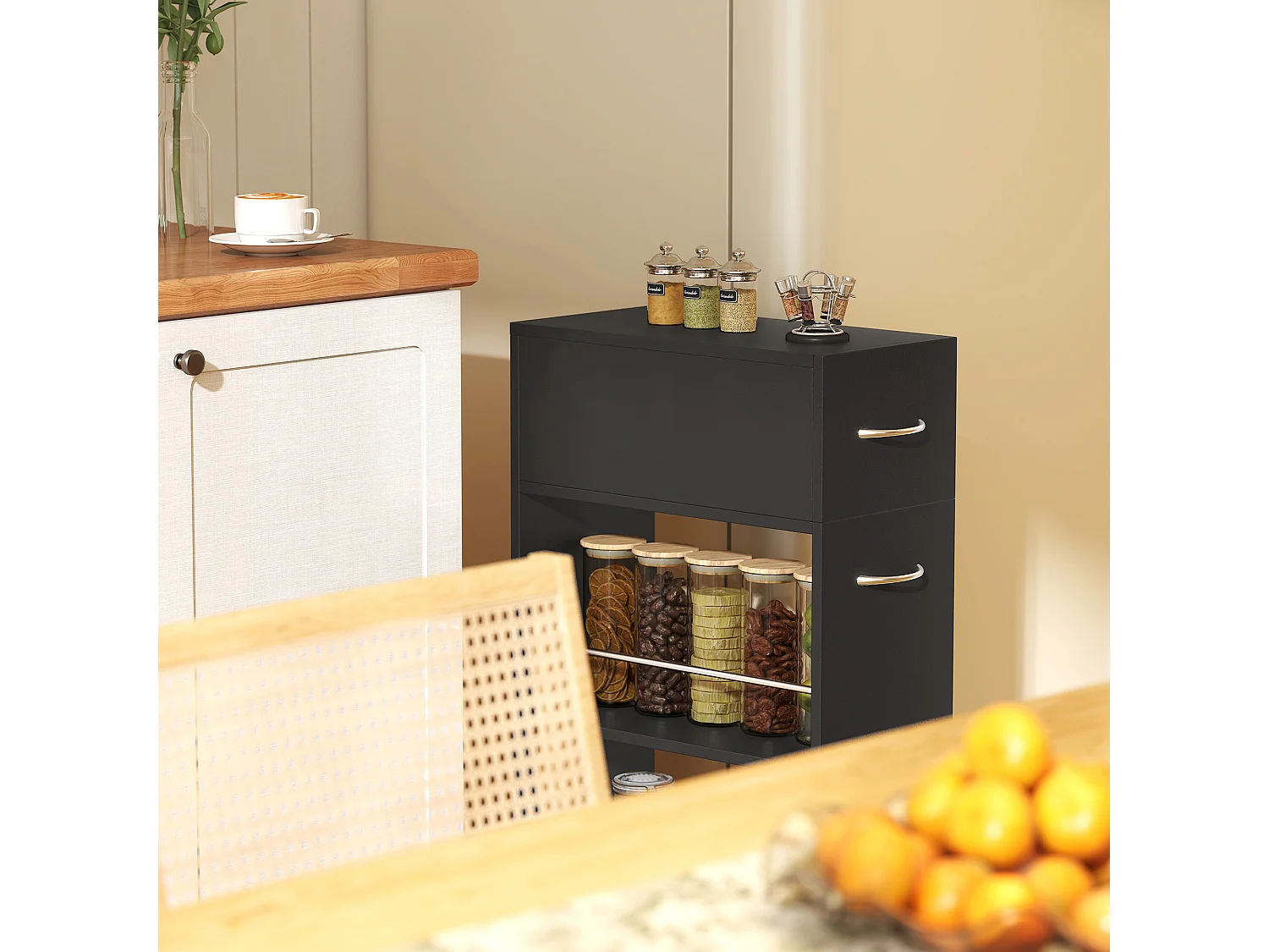 Carrello da cucina con 2 ripiani aperti, cassetto parapetti e ruote a freno