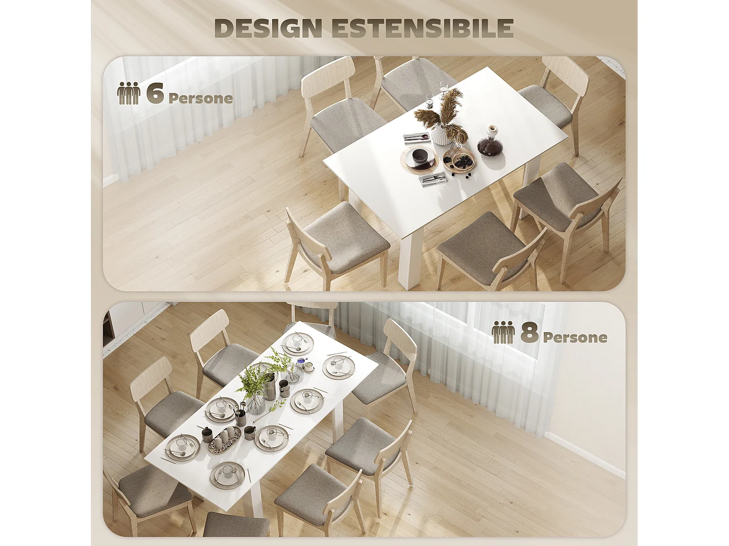 Tavolo da pranzo allungabile per 6-8 persone con pannelli a ribalta