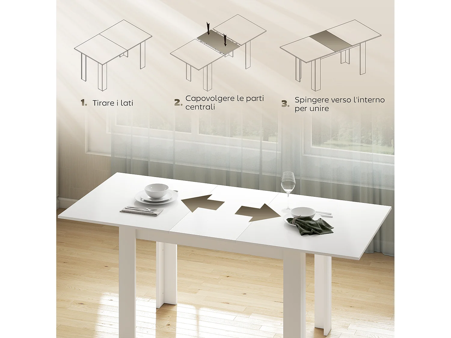 Tavolo da pranzo allungabile per 6-8 persone con pannelli a ribalta