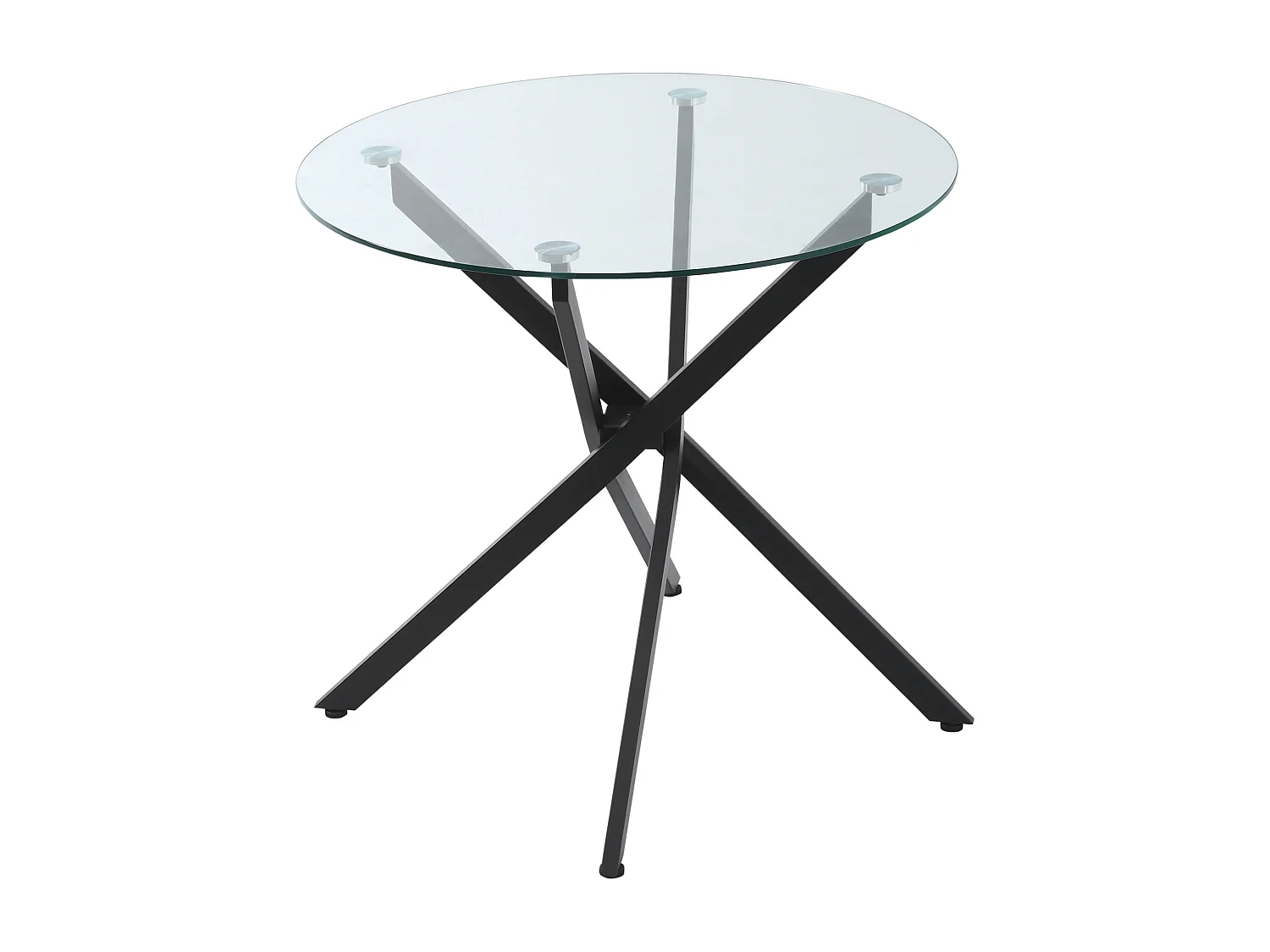 Tavolo da pranzo rotondo in vetro e gambe incrociate in metallo