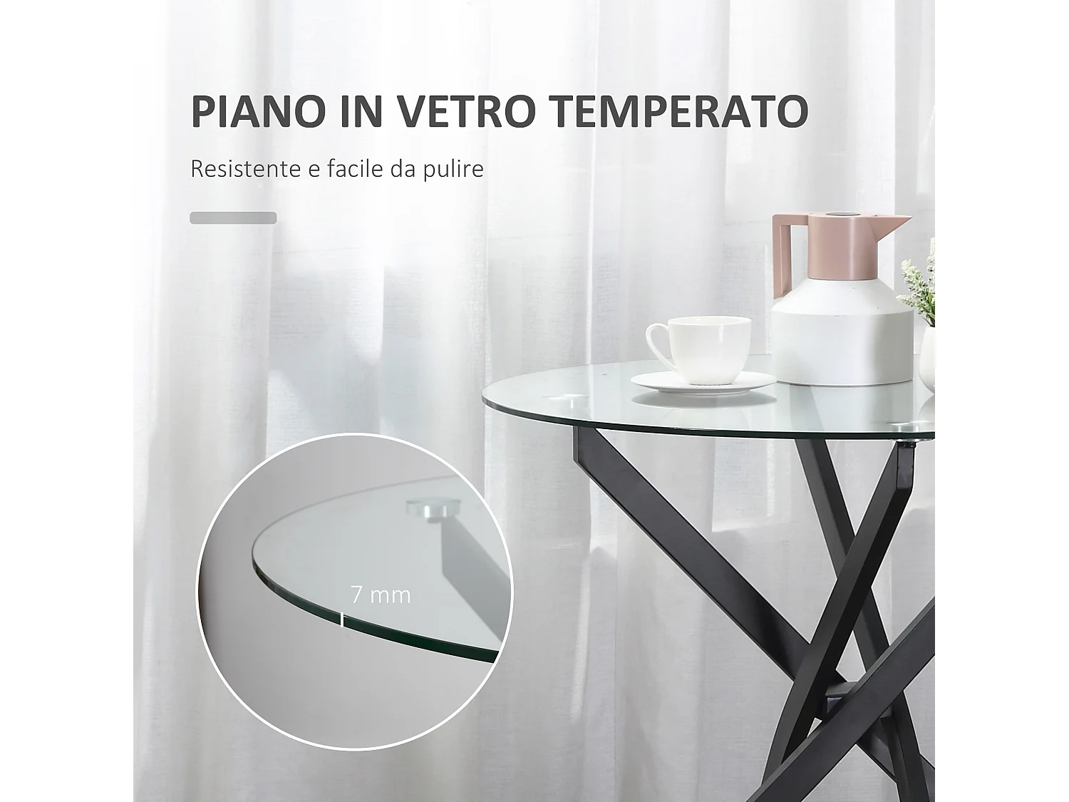 Tavolo da pranzo rotondo in vetro e gambe incrociate in metallo