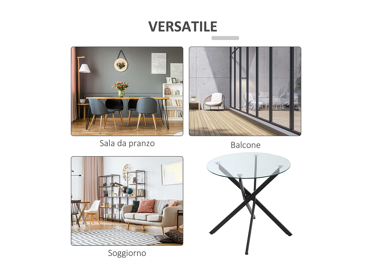 Tavolo da pranzo rotondo in vetro e gambe incrociate in metallo