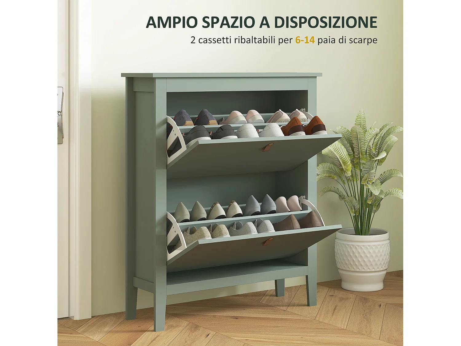 Scarpiera slim a 2 cassetti per 14 paia di scarpe regolabile verde