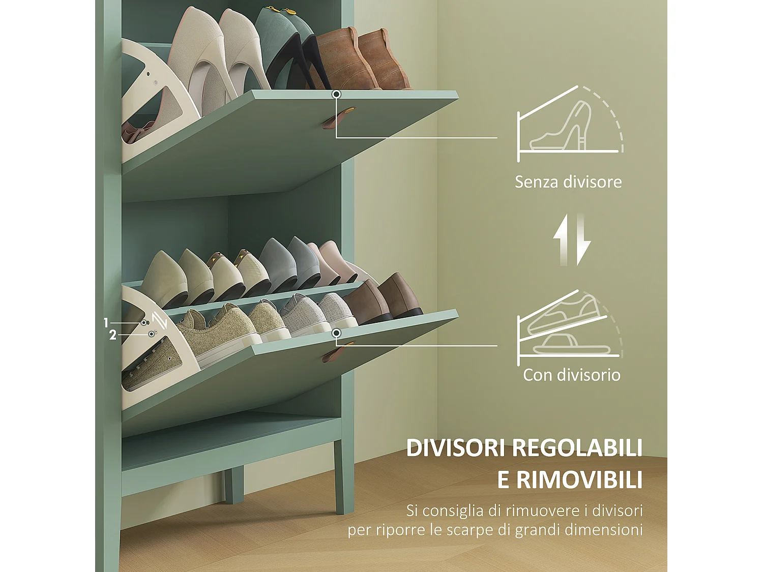 Scarpiera slim a 2 cassetti per 14 paia di scarpe regolabile verde