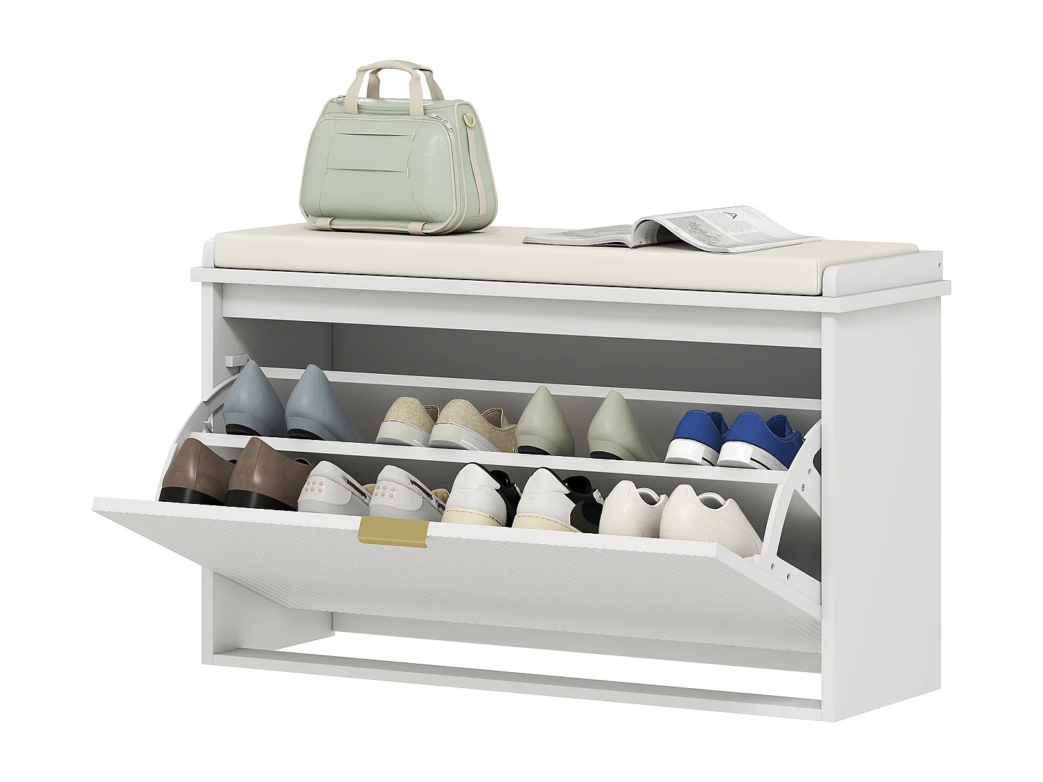 Panca scarpiera imbottita con ripiano interno bianca e beige