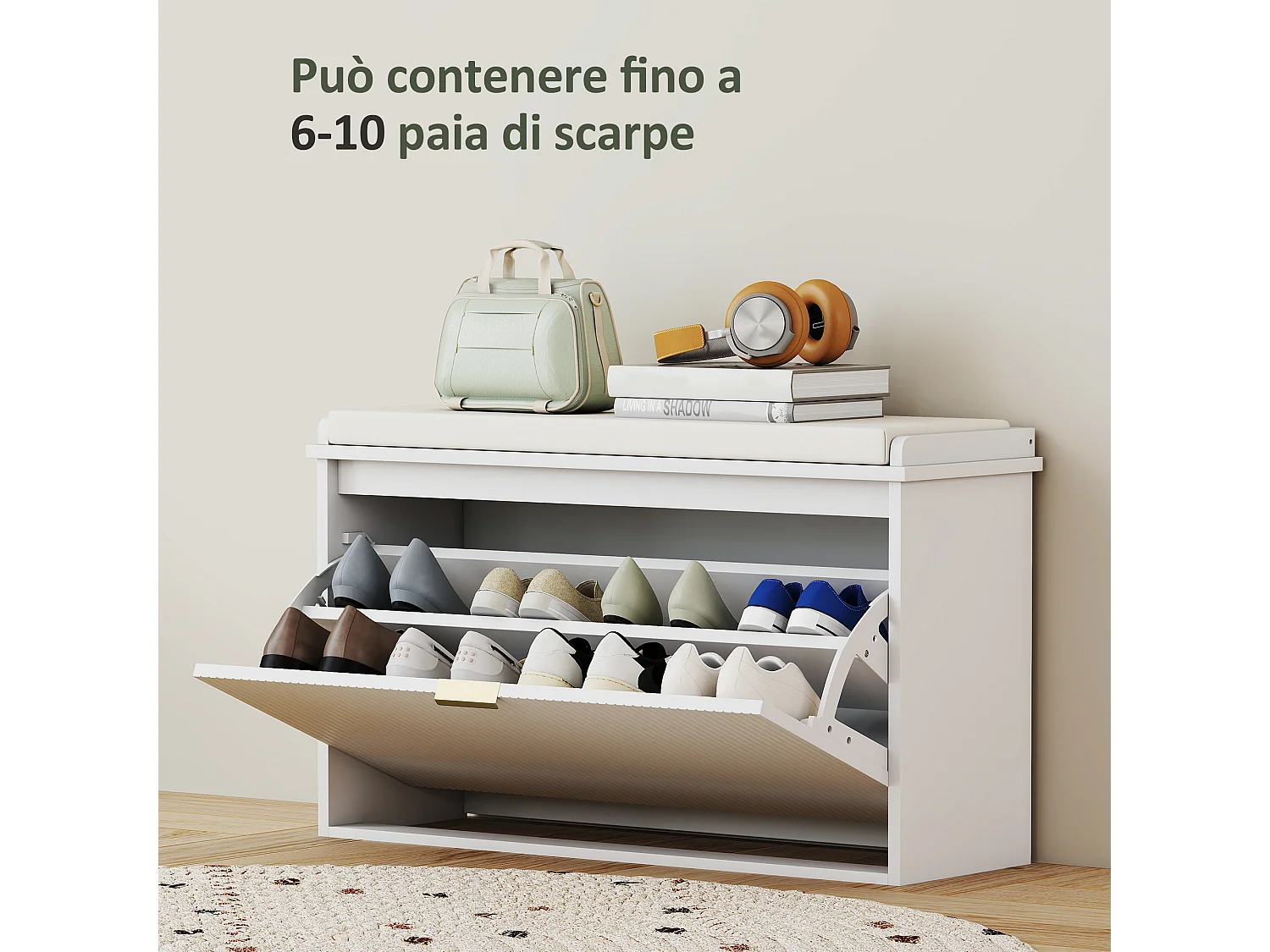 Panca scarpiera imbottita con ripiano interno bianca e beige