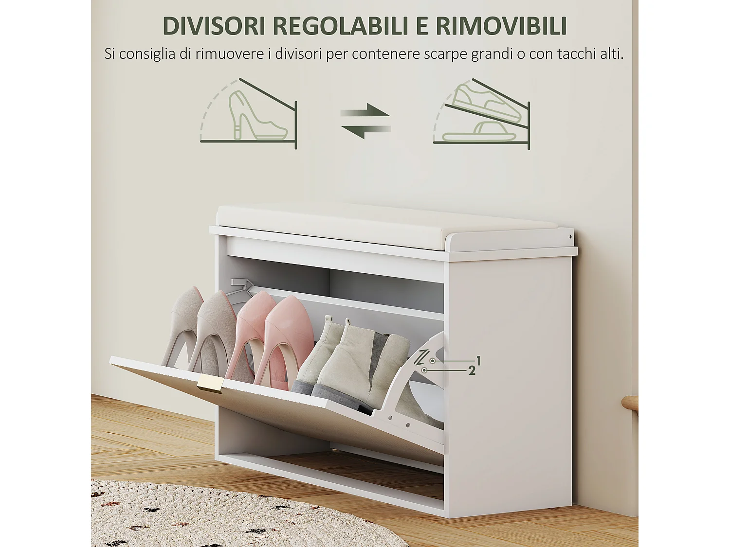 Panca scarpiera imbottita con ripiano interno bianca e beige