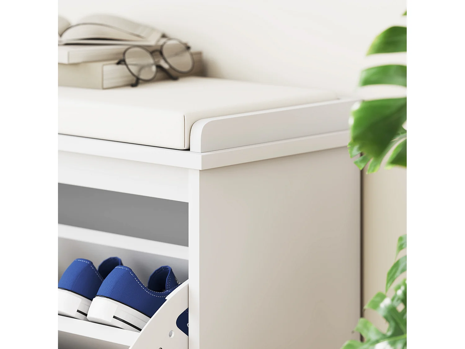 Panca scarpiera imbottita con ripiano interno bianca e beige