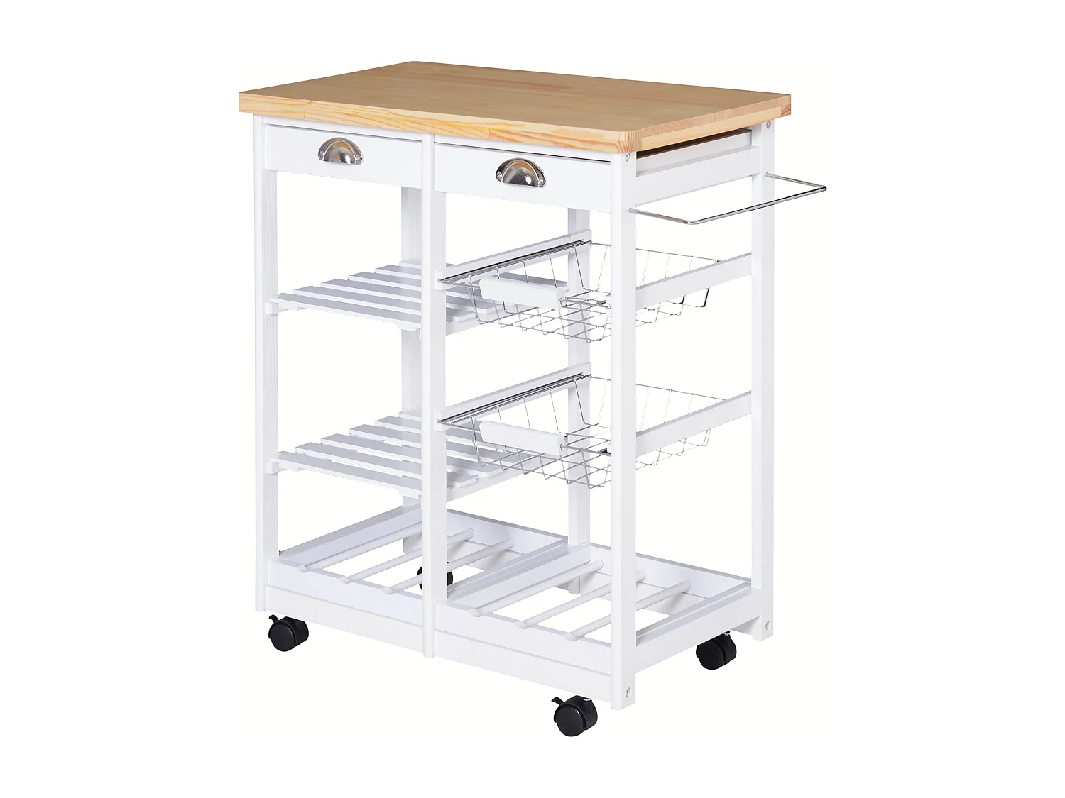 Carrello da cucina con cassetti ripiani e cestelli in legno di pino