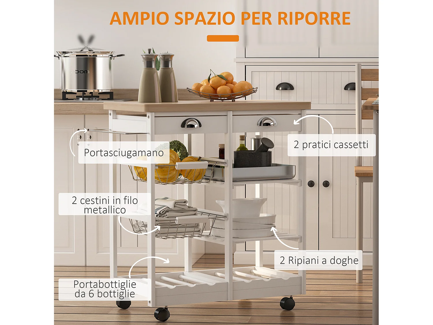 Carrello da cucina con cassetti ripiani e cestelli in legno di pino