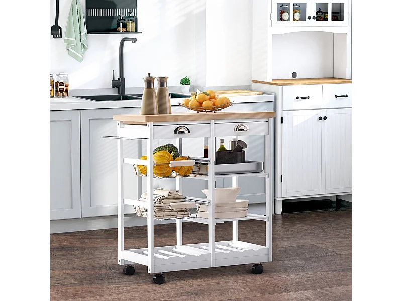 Carrello da cucina con cassetti ripiani e cestelli in legno di pino