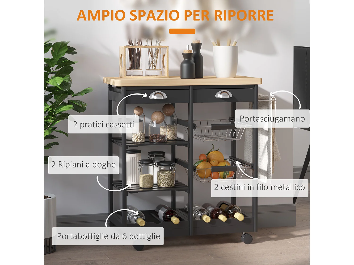 Carrello da cucina multiuso 74x37x75cm in legno di pino nero