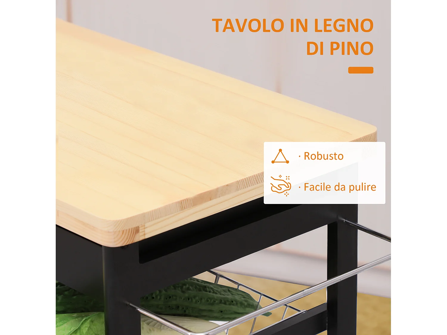 Carrello da cucina multiuso 74x37x75cm in legno di pino nero