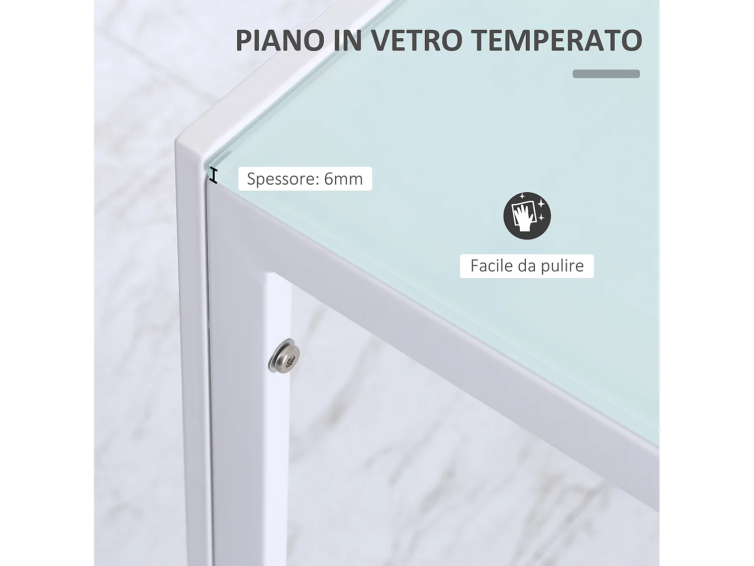 Tavolo da pranzo moderno in metallo e vetro 120x60x75cm bianco
